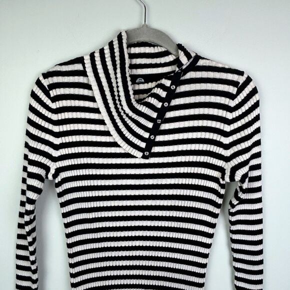Margaret O'Leary Black & White Striped Snap Turtleneck Top Lightweight Sweater L - Picture 3 of 14